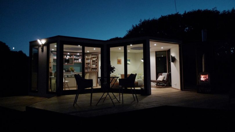 Small modular house at night