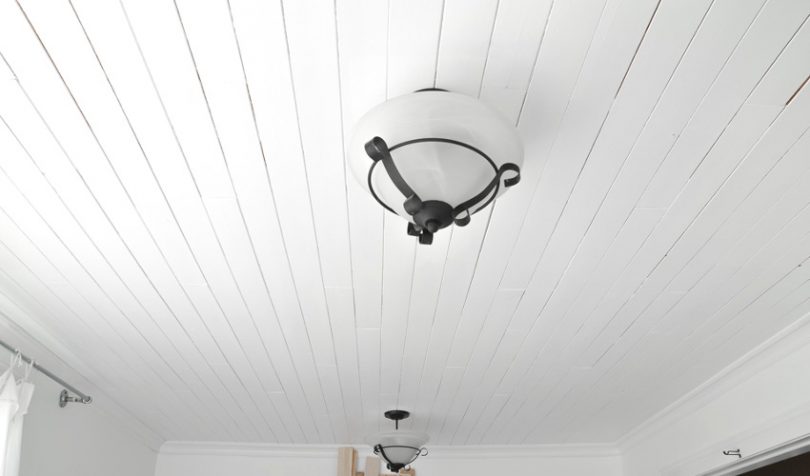 White plank bathroom ceiling