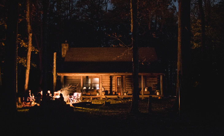 Cabin home at night